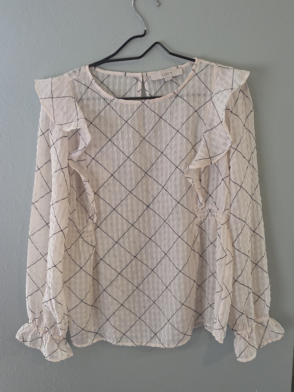 LOFT White Windowpane Ruffle Sleeve Blouse XS